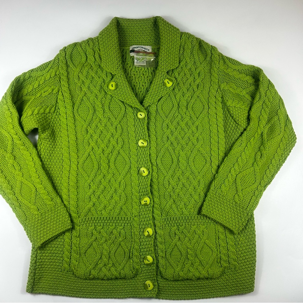 Aran Crafts Womens XL Cardigan Sweater Merino Wool Chunky Fisherman Knitted